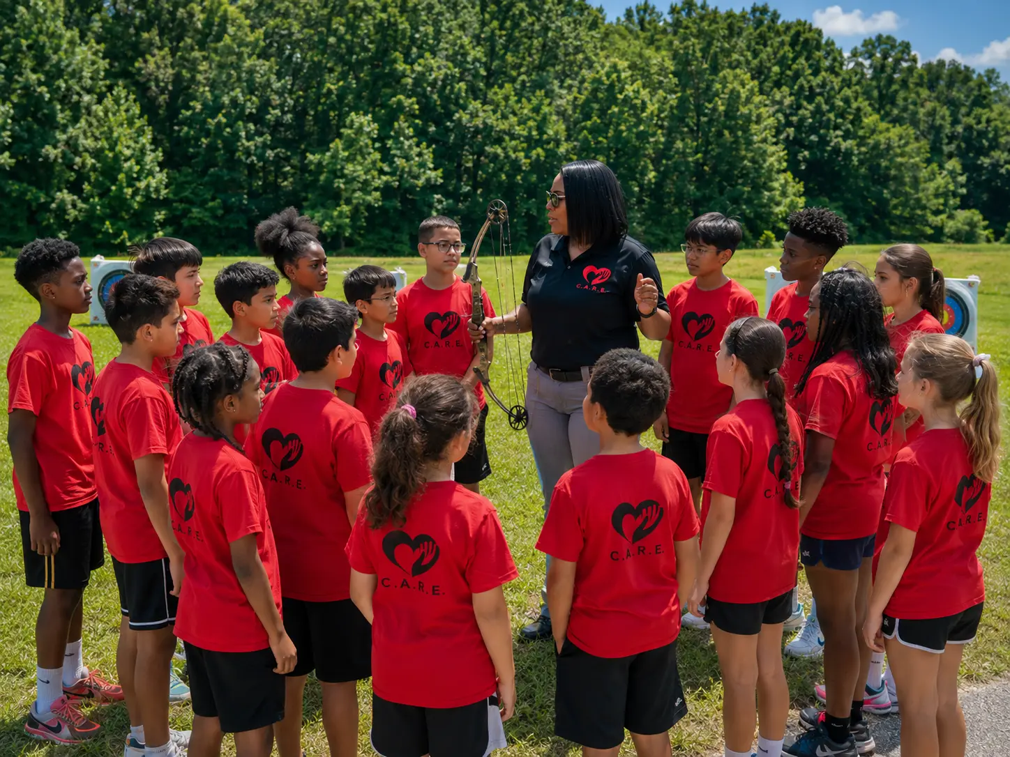 CARE mentor speaking with a group of smiling teenagers outdoors